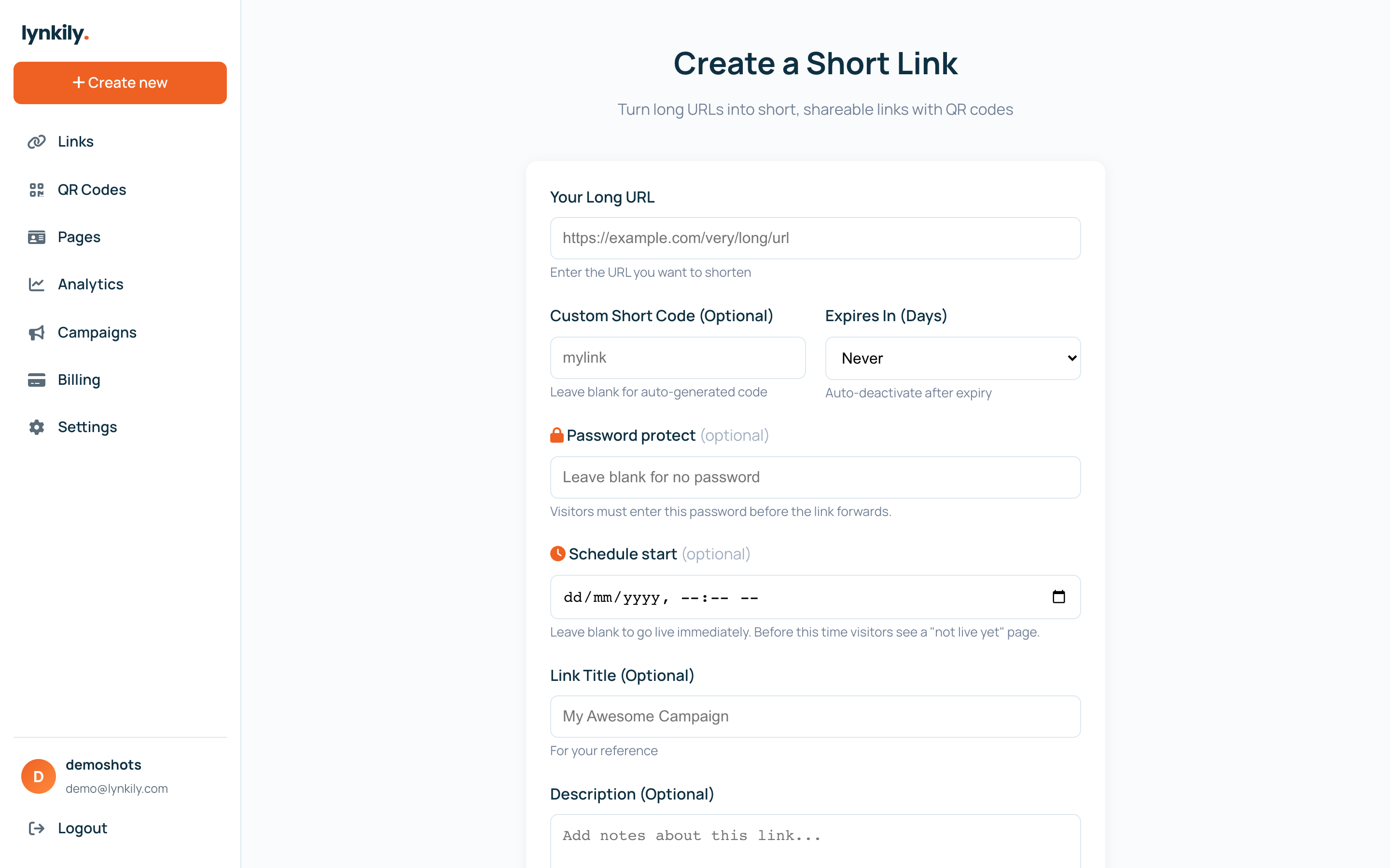 Create a short link screenshot